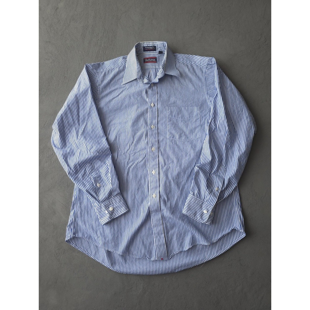 Vintage 90s Hathaway The Americana Blue Striped Cotton Button-Up Shirt L 16